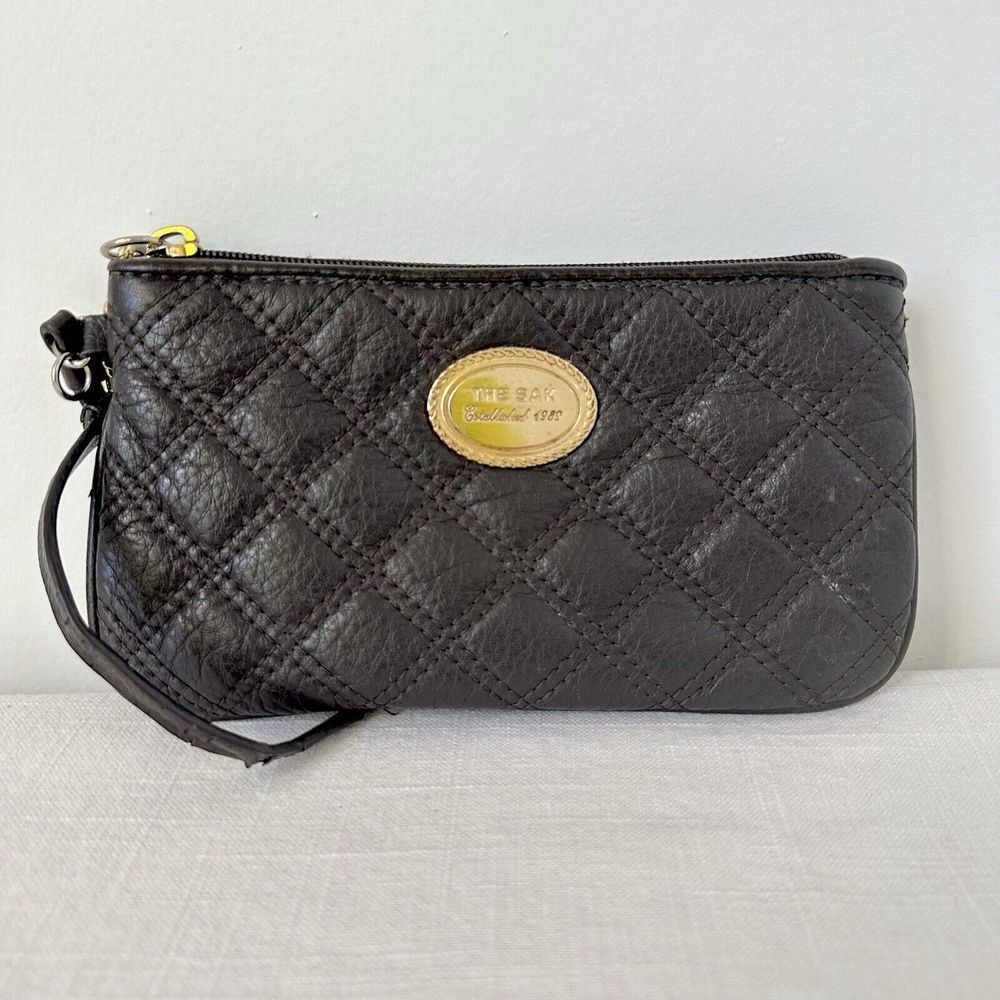 The SAK Brown Genuine Leather Quilted Wristlet Brass Hardware‎ Zip Pouch
